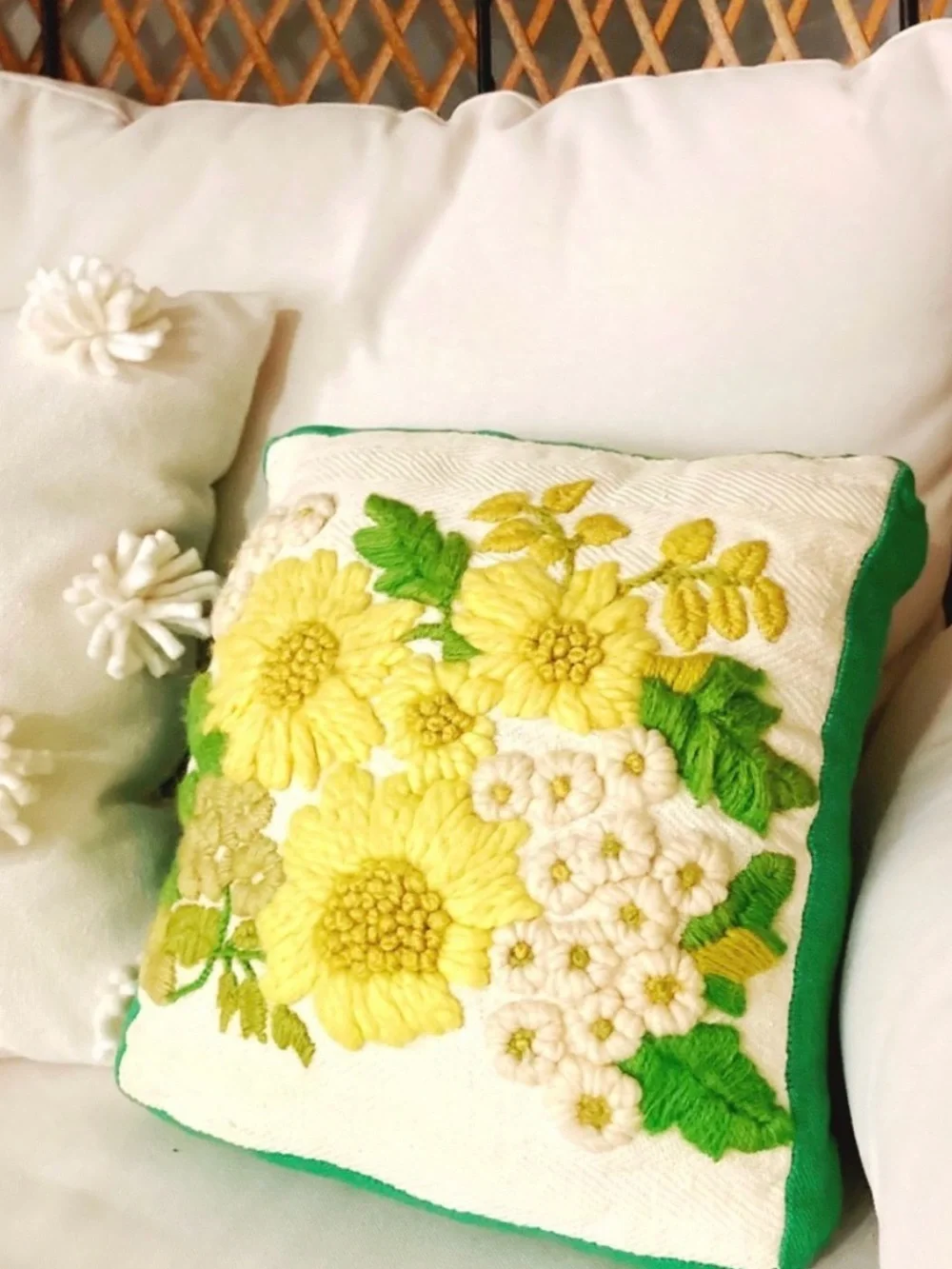 Vintage Cottagecore Chunky Crochet Crewel Floral Throw Pillow